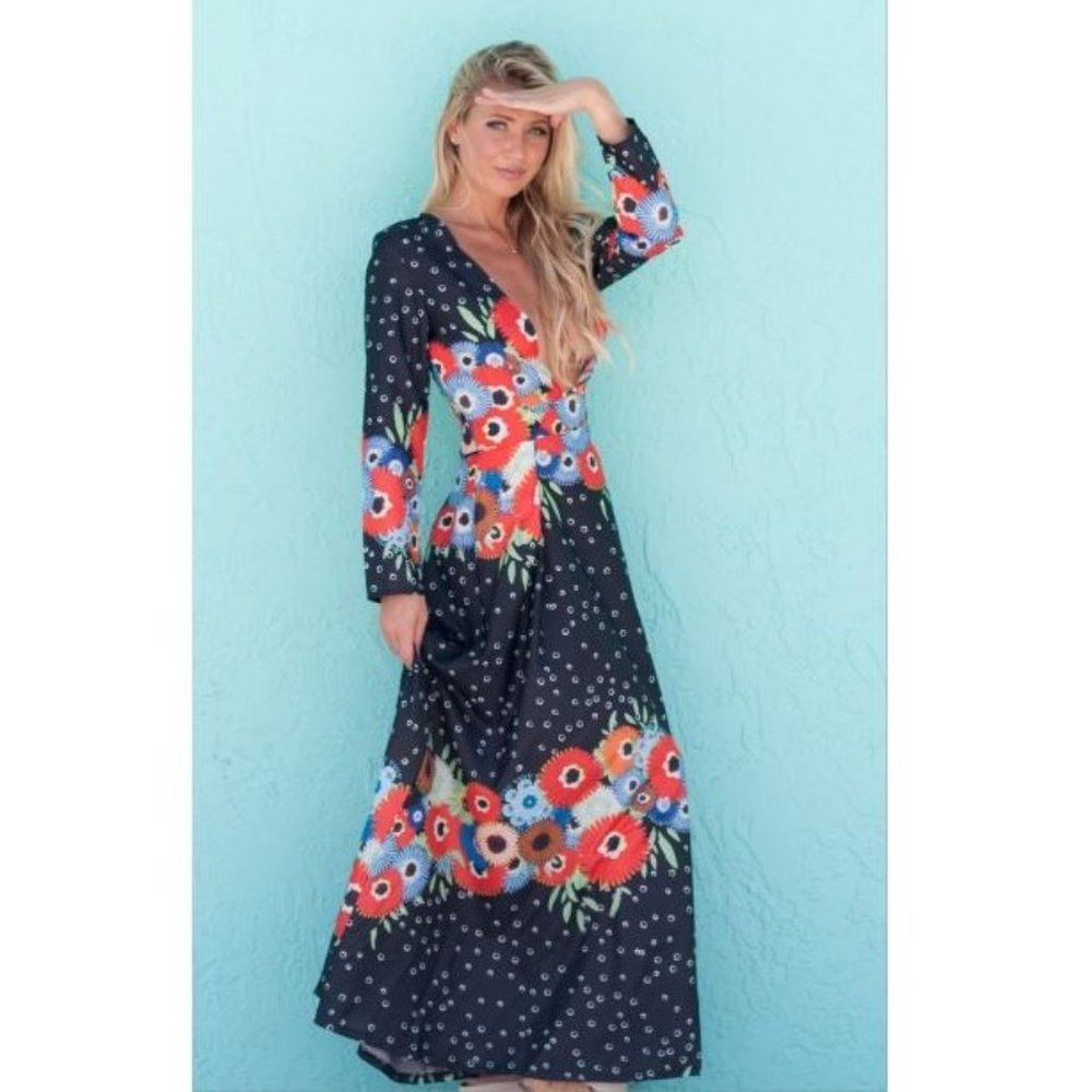Boho Dress Plunging Neck Long Sleeve Gypsy Floral Size Medium